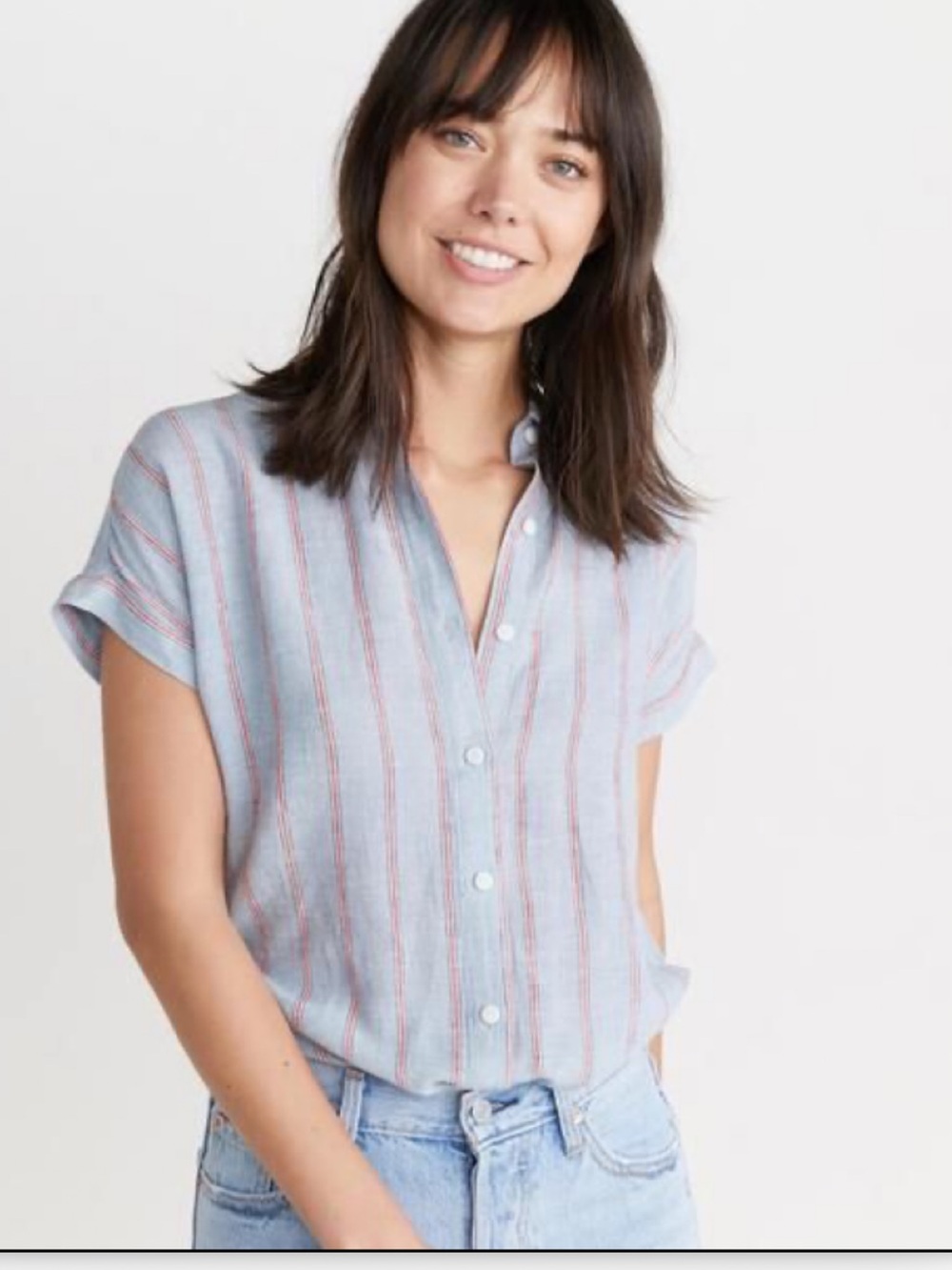 Marine Layer Paige Striped Short-Sleeve Button Down in Ashley Blue/Flame Scarlet